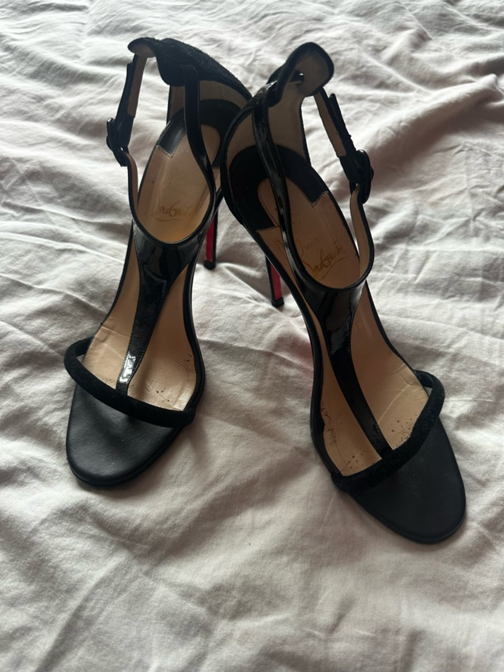Christian Louboutin Black T-Strap Sandal Heels Red Sole Patent Leather 37.5